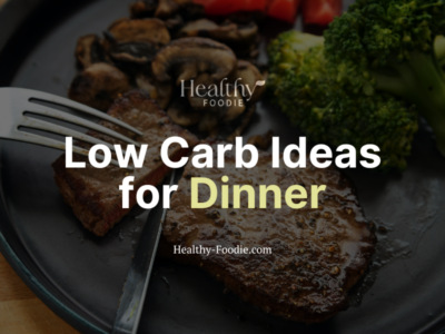 low carb ideas for dinner image with steak, mushrooms, and broccoli