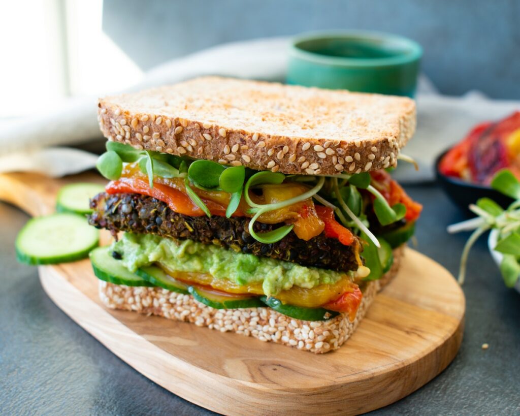 healthy sandwich with veggies and avocado; healthy sandwich recipes concept