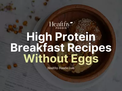 Healthy Foodie featured image with image of protein bagel with hummus and roasted chickpeas overlaid with the words "High Protein Breakfast Recipes Without Eggs"