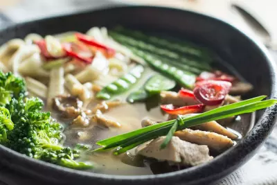 photo of asian noodle soup, closeup